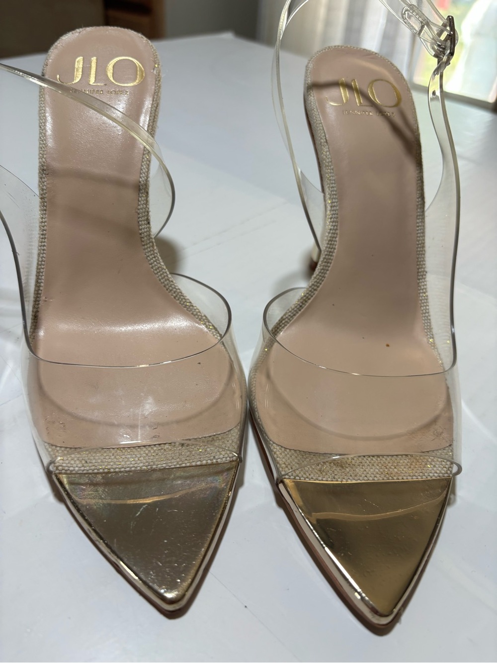 Jennifer Lopez Clear Strap Nude and Gold Stiletto Heels 39 - Picture 10 of 15